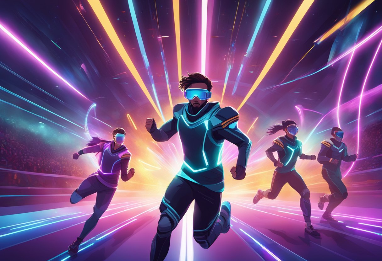 Players running through a futuristic arena, lights flashing, and laser beams shooting across the room, creating an intense and exciting atmosphere