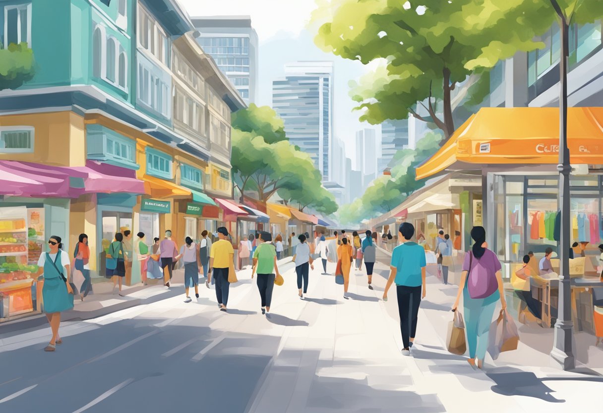 A bustling street in Singapore's Park Royal on Kitchener Road, with colorful storefronts and people walking by
