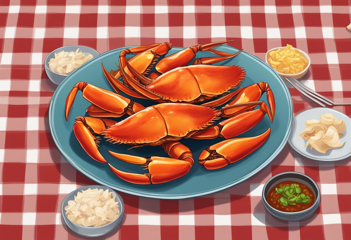 A steaming plate of chili crab sits on a checkered tablecloth, surrounded by empty shells and a pile of napkins