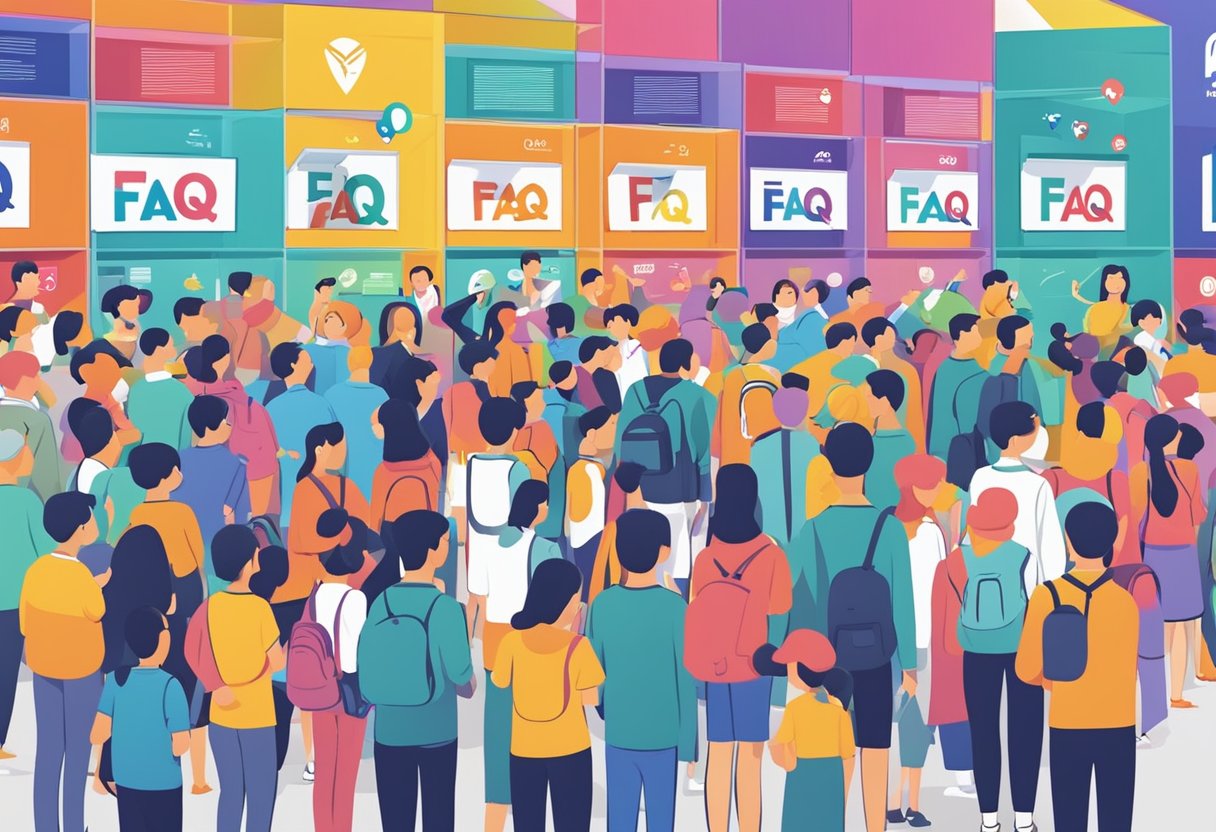 A colorful display of FAQ signs with the IMH Singapore logo, surrounded by curious visitors seeking information