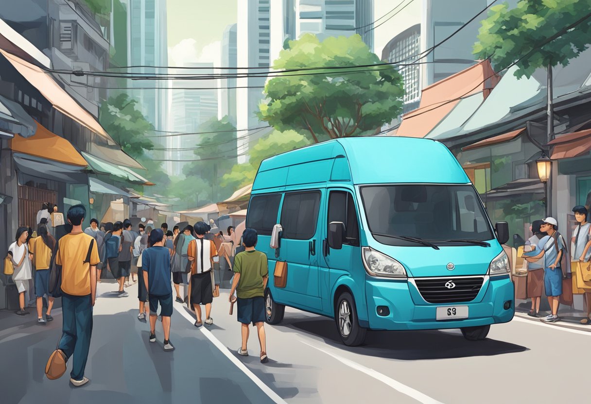 A ninja van parked in a bustling Singapore street, with people approaching to ask questions