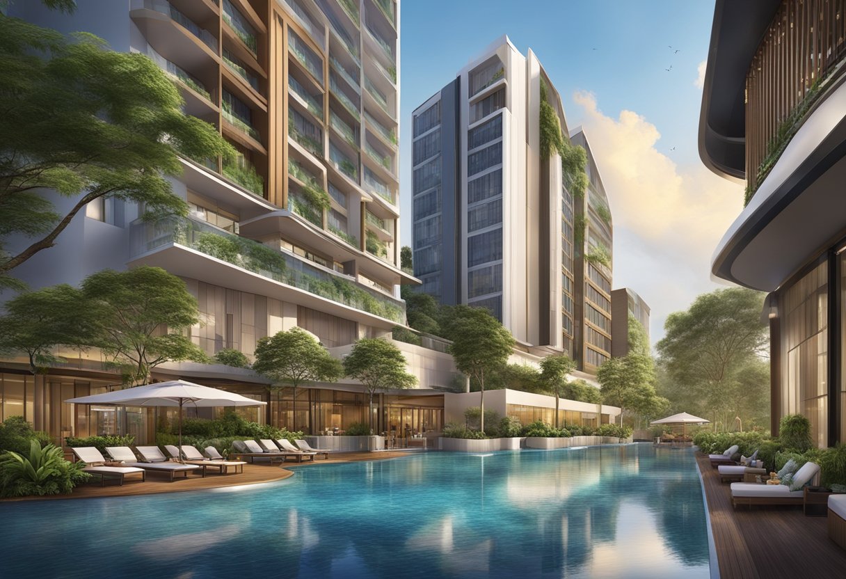 The scene depicts the luxurious Park Royal hotel on Kitchener Road in Singapore, showcasing the modern accommodations and amenities such as swimming pools, restaurants, and spa facilities