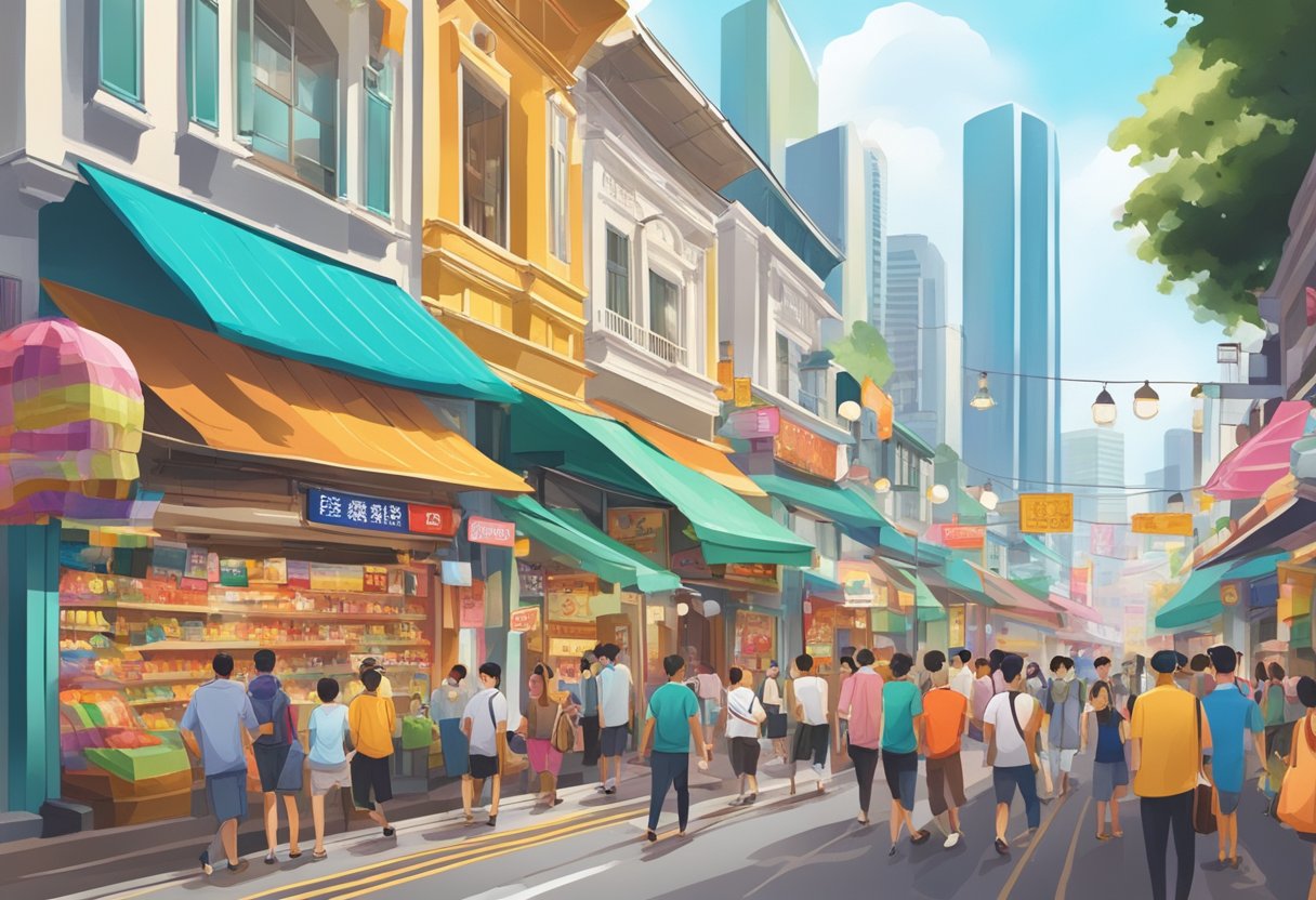 A bustling street in Singapore, with colorful storefronts and vibrant signage, filled with people and the sounds of city life