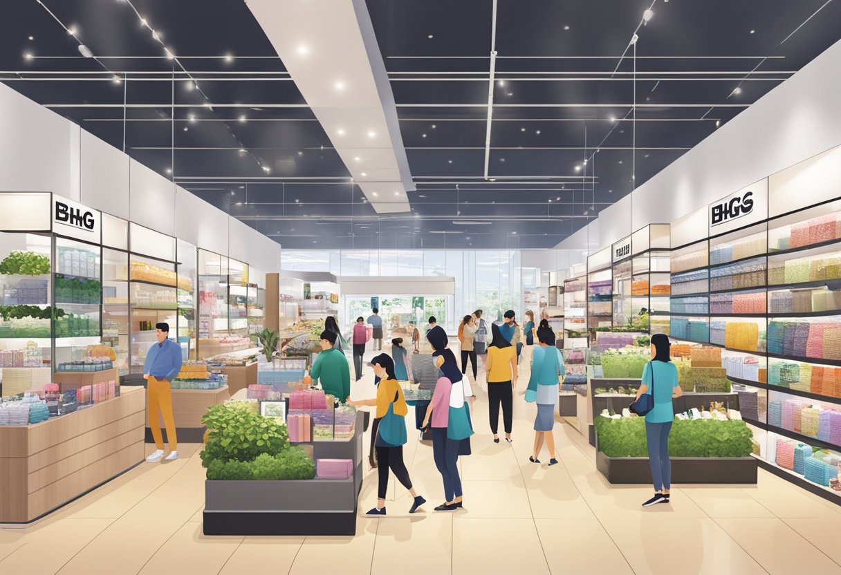 Customers browse BHG Singapore, examining products and chatting with staff. Brightly lit displays showcase a wide range of items, from fashion to home goods. The atmosphere is lively and bustling with activity