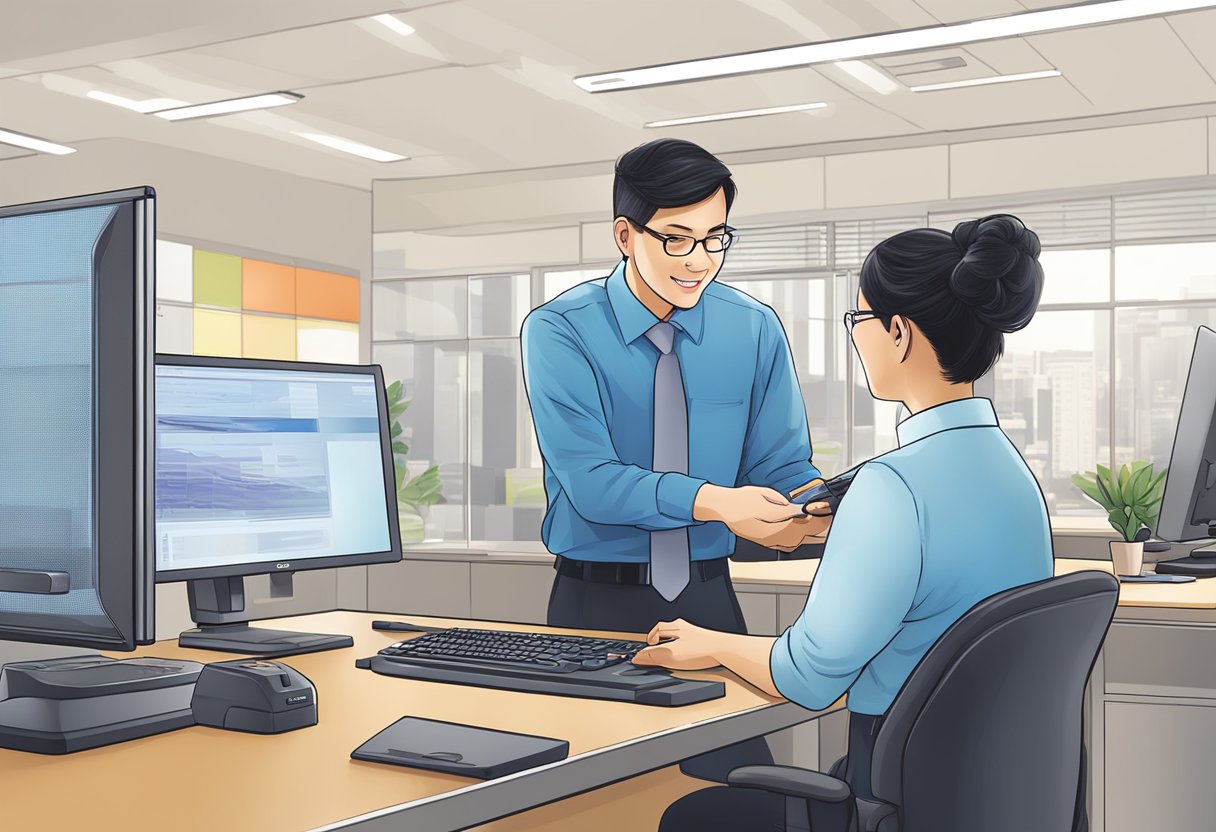 A customer service representative assists a client with a Canon product at a Singapore office