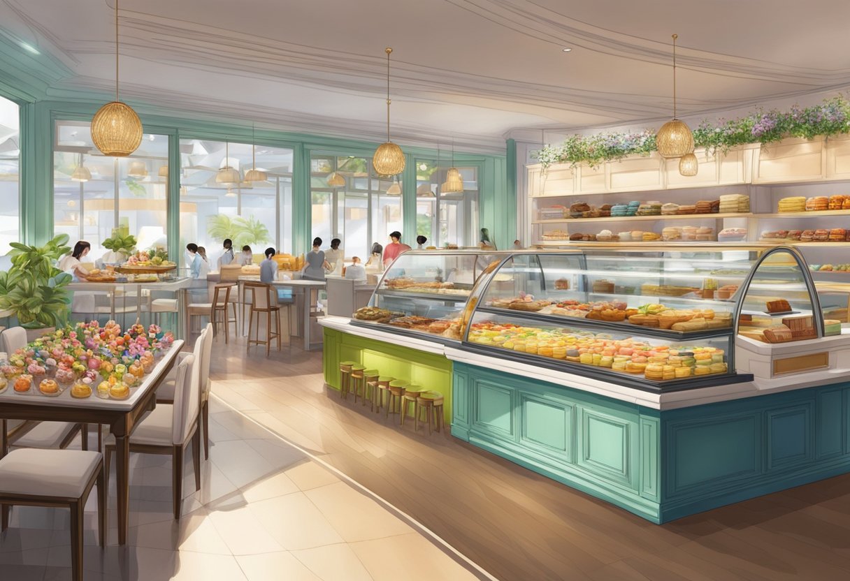 A colorful display of Chateraise Singapore's desserts and pastries, with a welcoming storefront and bustling atmosphere