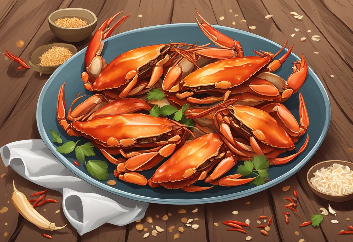 A steaming plate of chili crab sits on a rustic wooden table, surrounded by empty shells and scattered chili flakes