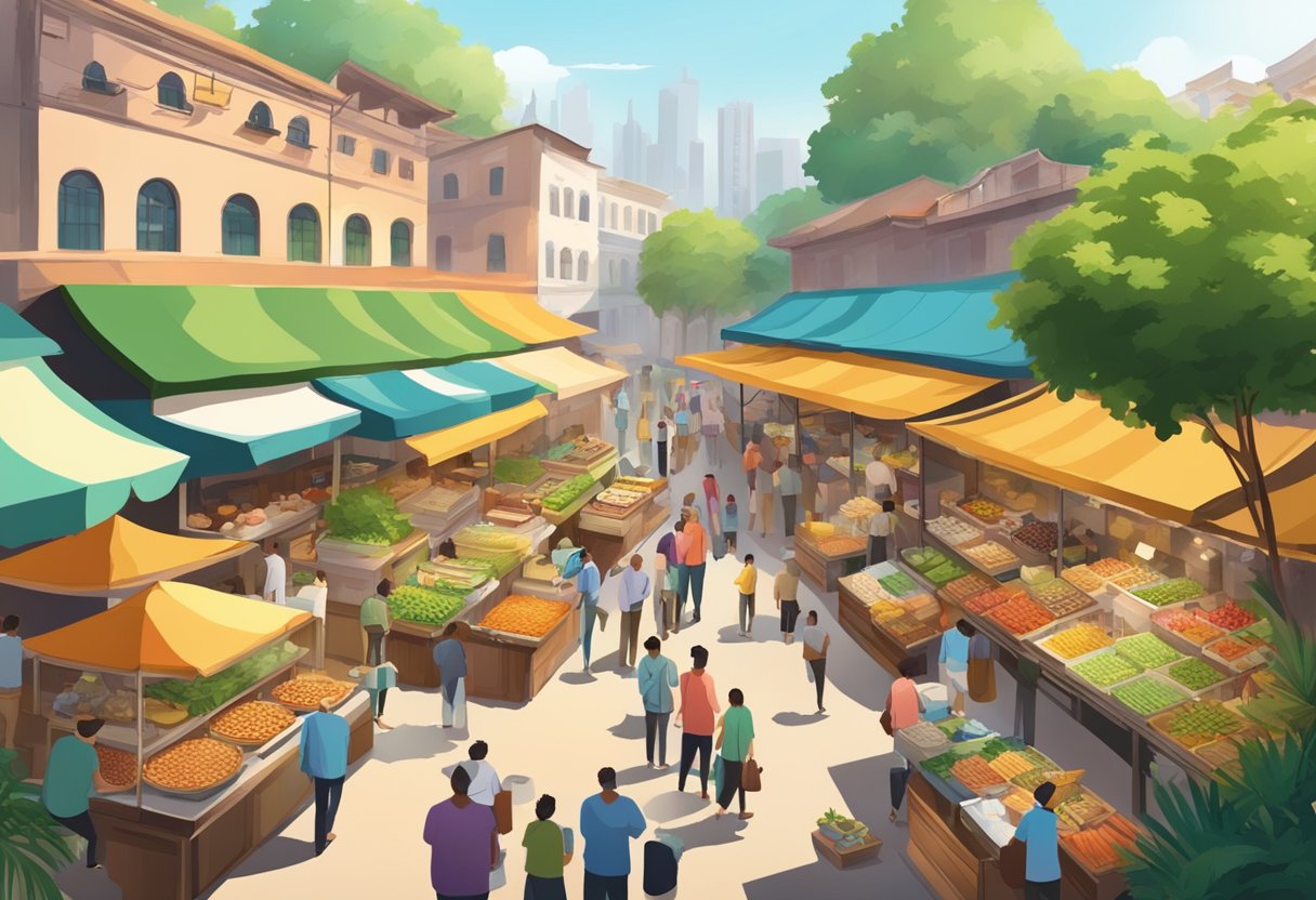 A bustling food market with colorful stalls and aromatic dishes, surrounded by lush greenery and bustling with people