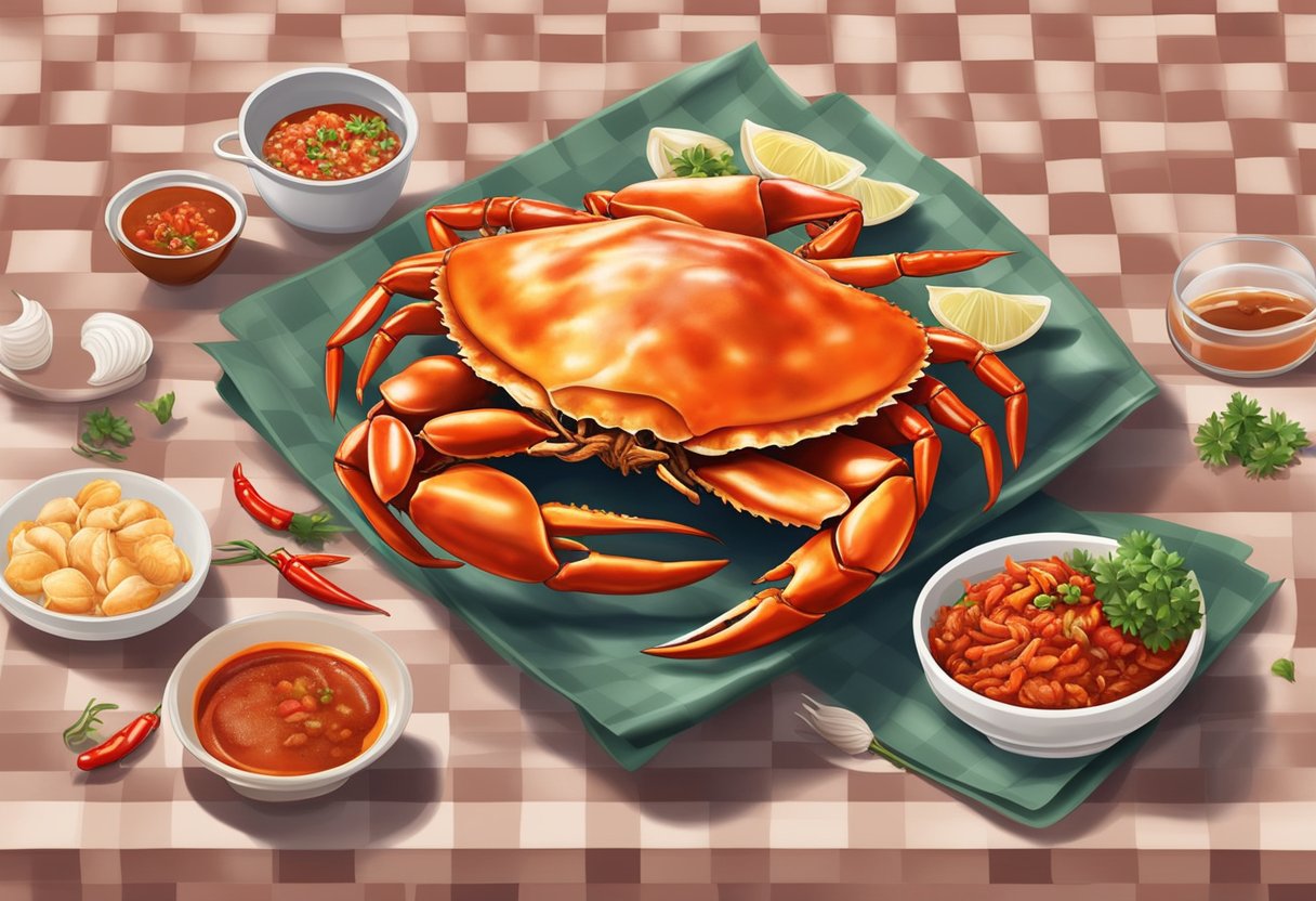 A steaming plate of chili crab sits on a checkered tablecloth, surrounded by empty shells and a pile of napkins. The aroma of spicy chili sauce and succulent crab fills the air