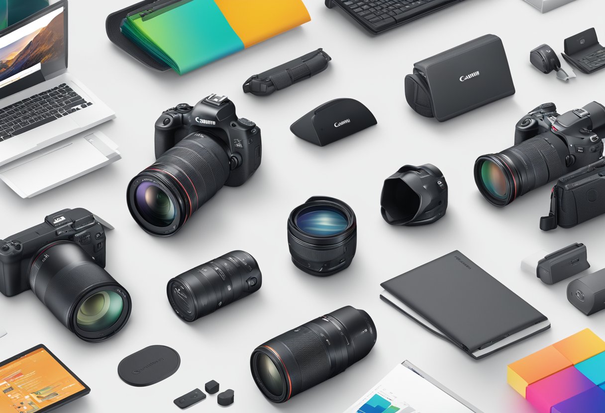 Canon Singapore's Frequently Asked Questions page, with logo and search bar, surrounded by diverse product images and text