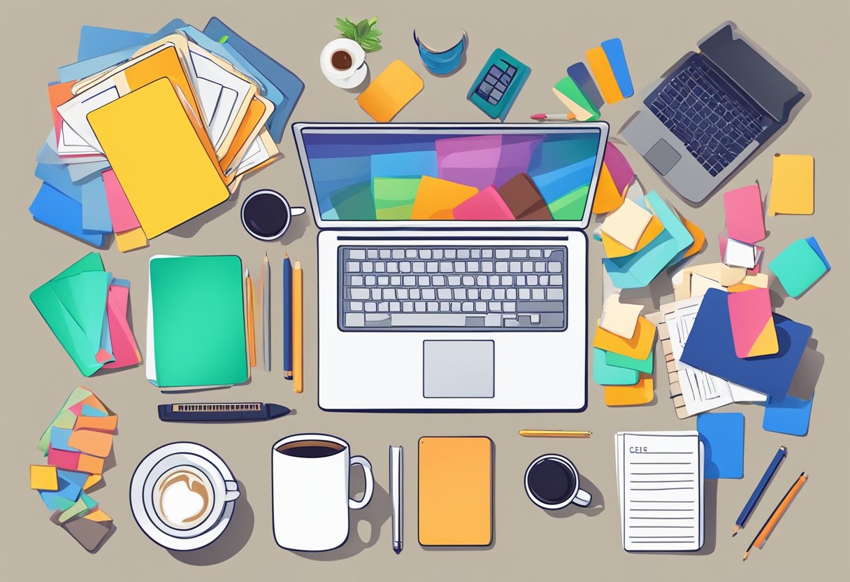 A stack of colorful question cards surrounded by a variety of everyday objects, with a laptop and a cup of coffee nearby