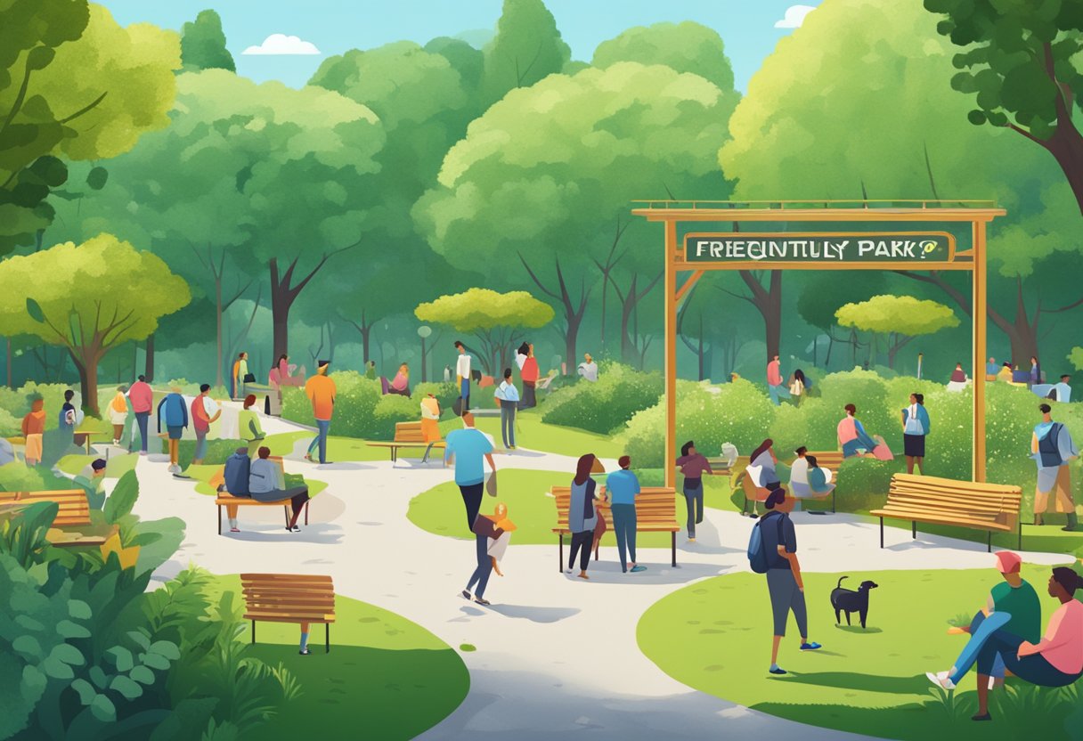 A bustling park with a prominent "Frequently Asked Questions" sign, surrounded by lush greenery and dotted with benches and curious visitors