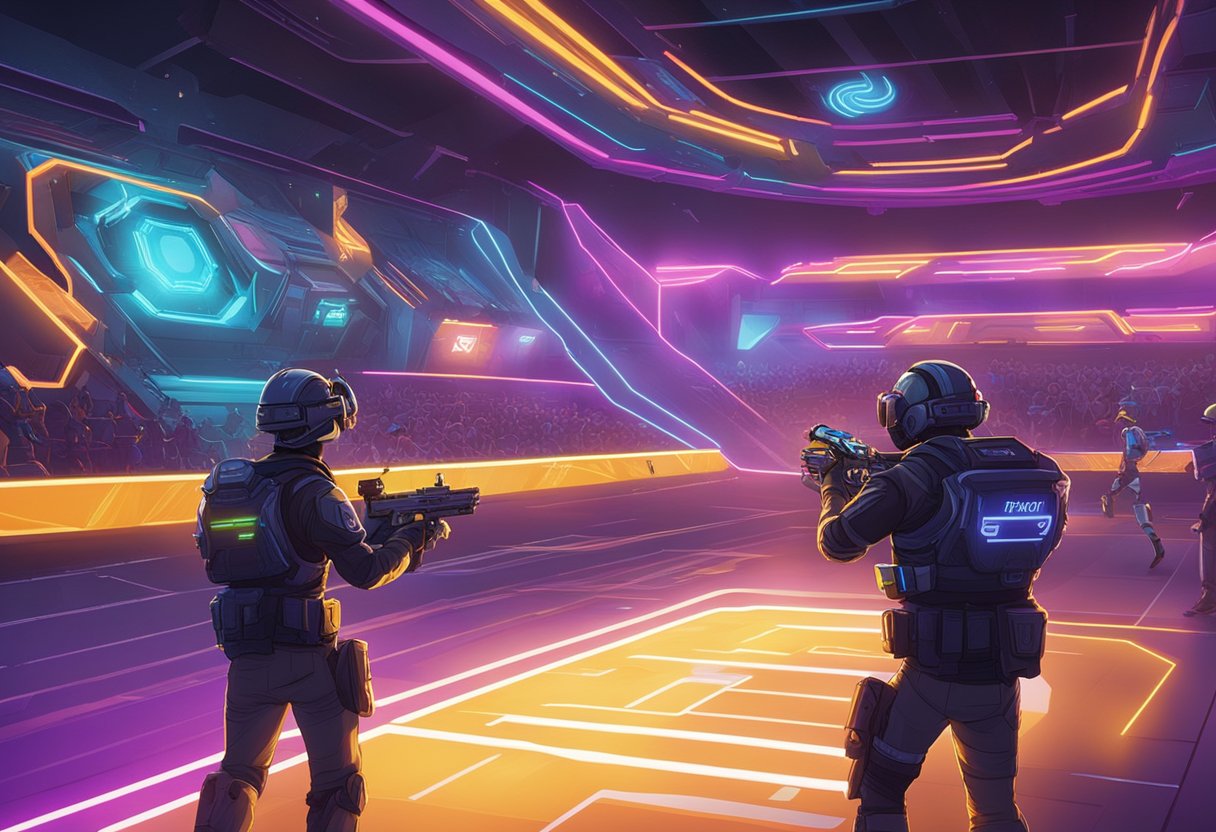 Players in neon vests and futuristic gear navigate a dimly lit arena, ducking behind barriers and aiming laser guns. Signs display "Frequently Asked Questions" about the game