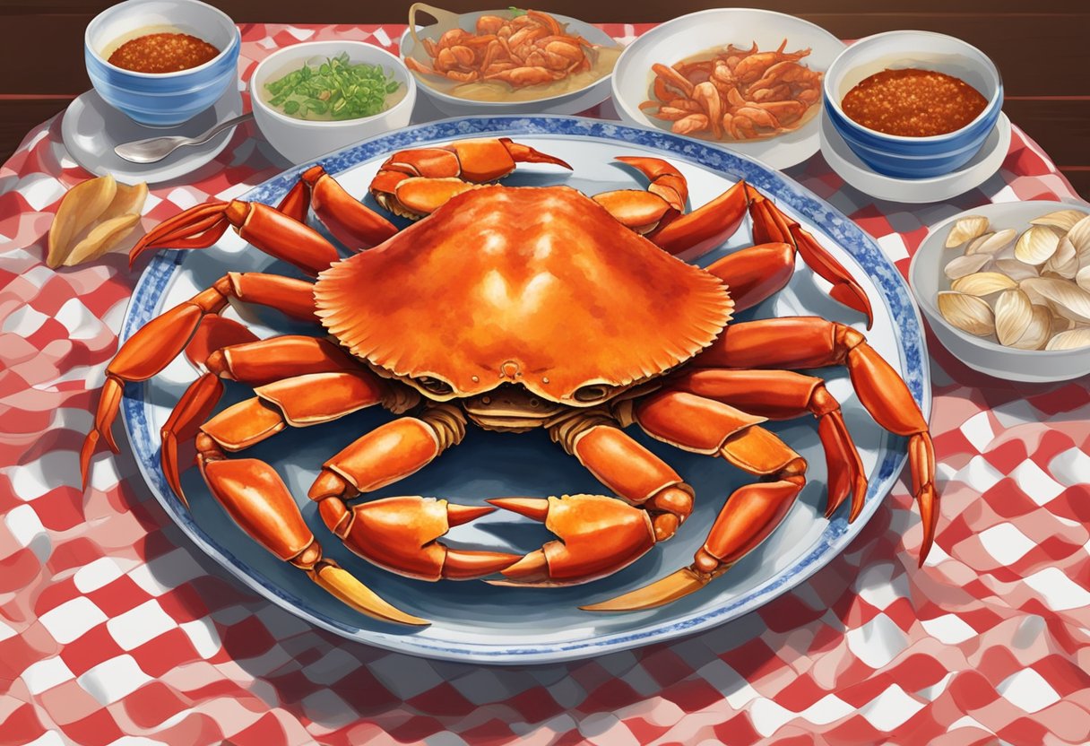 A steaming plate of chili crab sits on a checkered tablecloth, surrounded by empty plates and discarded crab shells