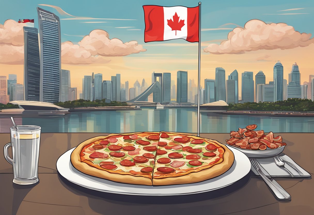 A table with a Canadian flag draped over it, a pizza topped with bacon, mushrooms, and maple syrup, set against a backdrop of the Singapore skyline