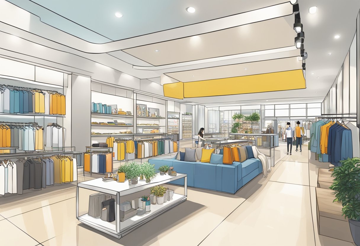 Nitori's presence in Singapore: A modern, sleek furniture store with vibrant displays and a bustling crowd of shoppers