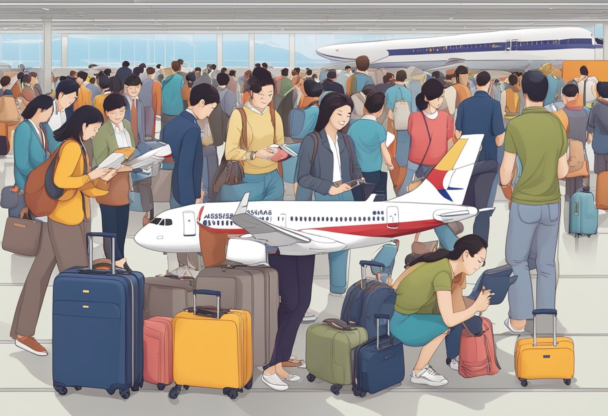 Passengers browsing Asiana Airlines website, packing suitcases, checking passports, and boarding a plane at Singapore airport