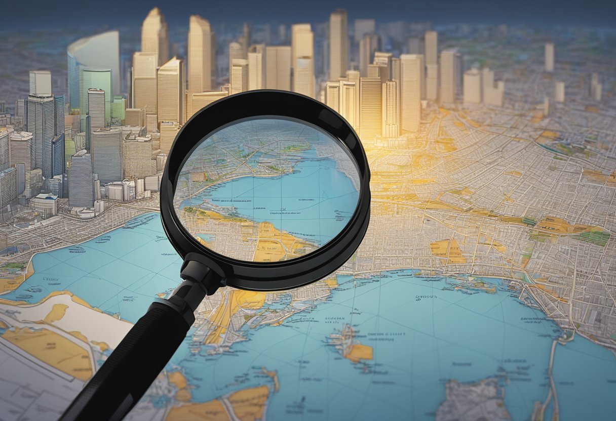 A magnifying glass hovers over a map of Singapore, with a camera and notepad nearby. The scene is illuminated by the glow of a computer screen displaying surveillance footage