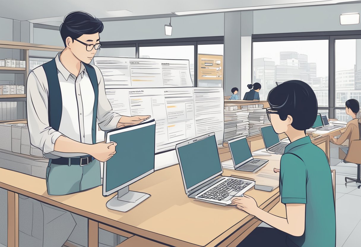 A customer browsing through a list of frequently asked questions about Nitori Singapore, with a helpful staff member nearby