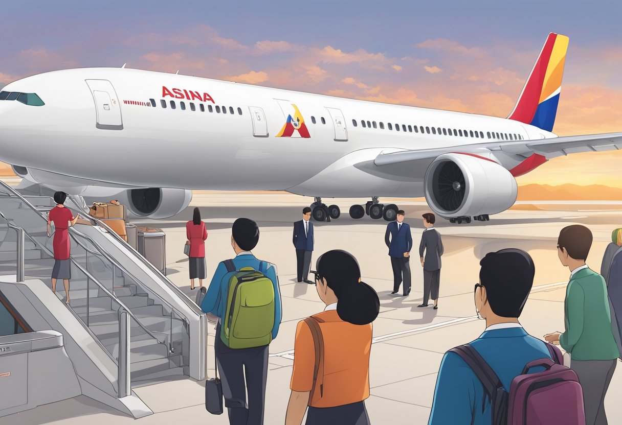 Passengers boarding Asiana Airlines in Singapore, with the iconic logo visible on the plane's tail. Inside, comfortable seating and friendly flight attendants provide a welcoming onboard experience