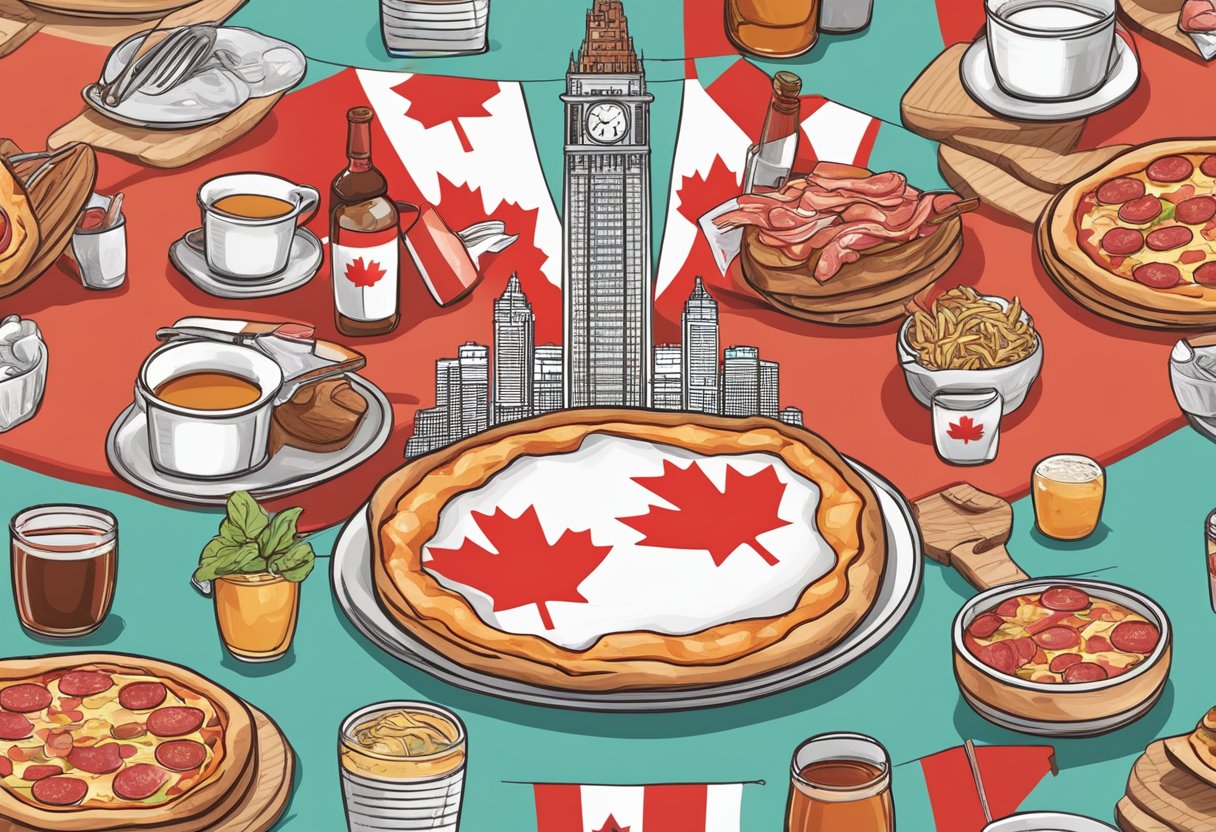 A table with a Canadian flag as a tablecloth, surrounded by Singaporean landmarks, with a pizza topped with Canadian bacon and maple syrup