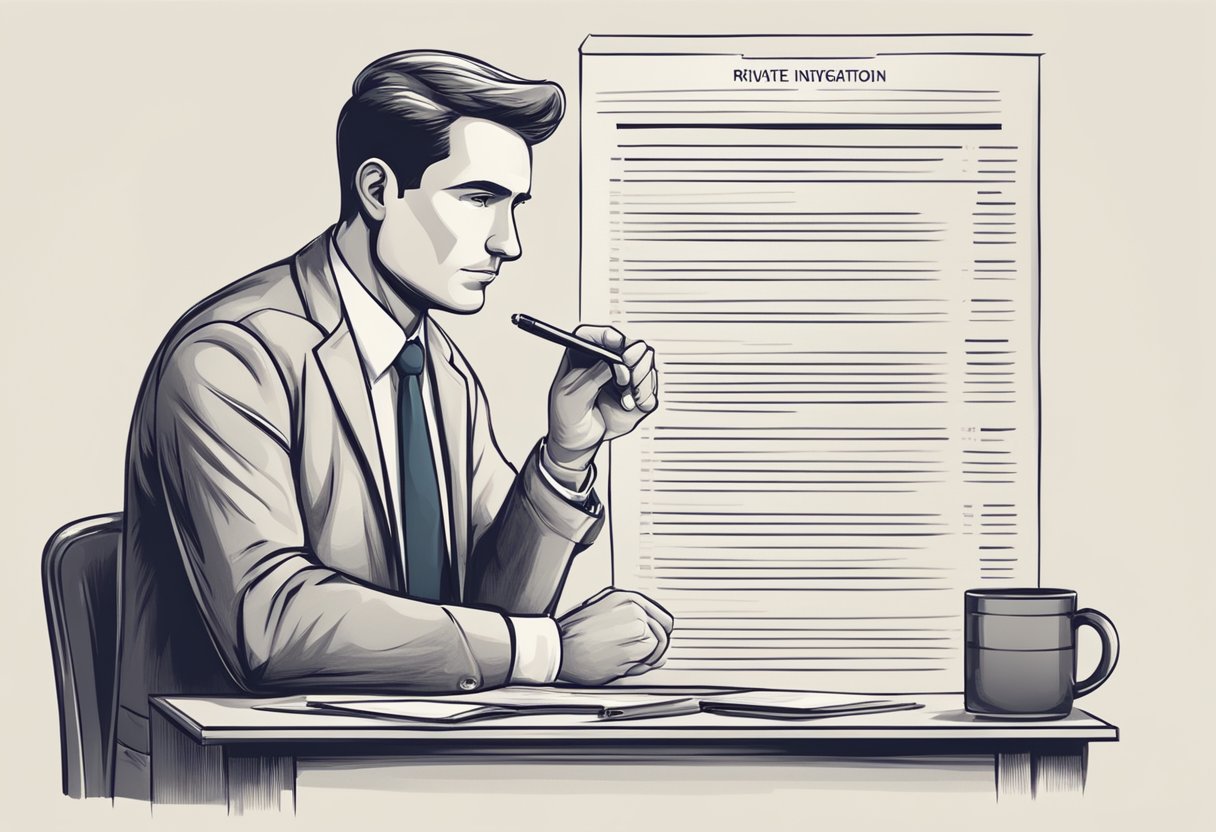 A person carefully selecting a private investigator from a list of options, with a thoughtful expression and a sense of determination