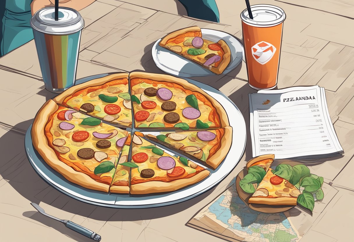 A table with a pizza box, a slice of pizza, and a menu. A person holding a slice and a drink. A map of Canada and Singapore on the wall