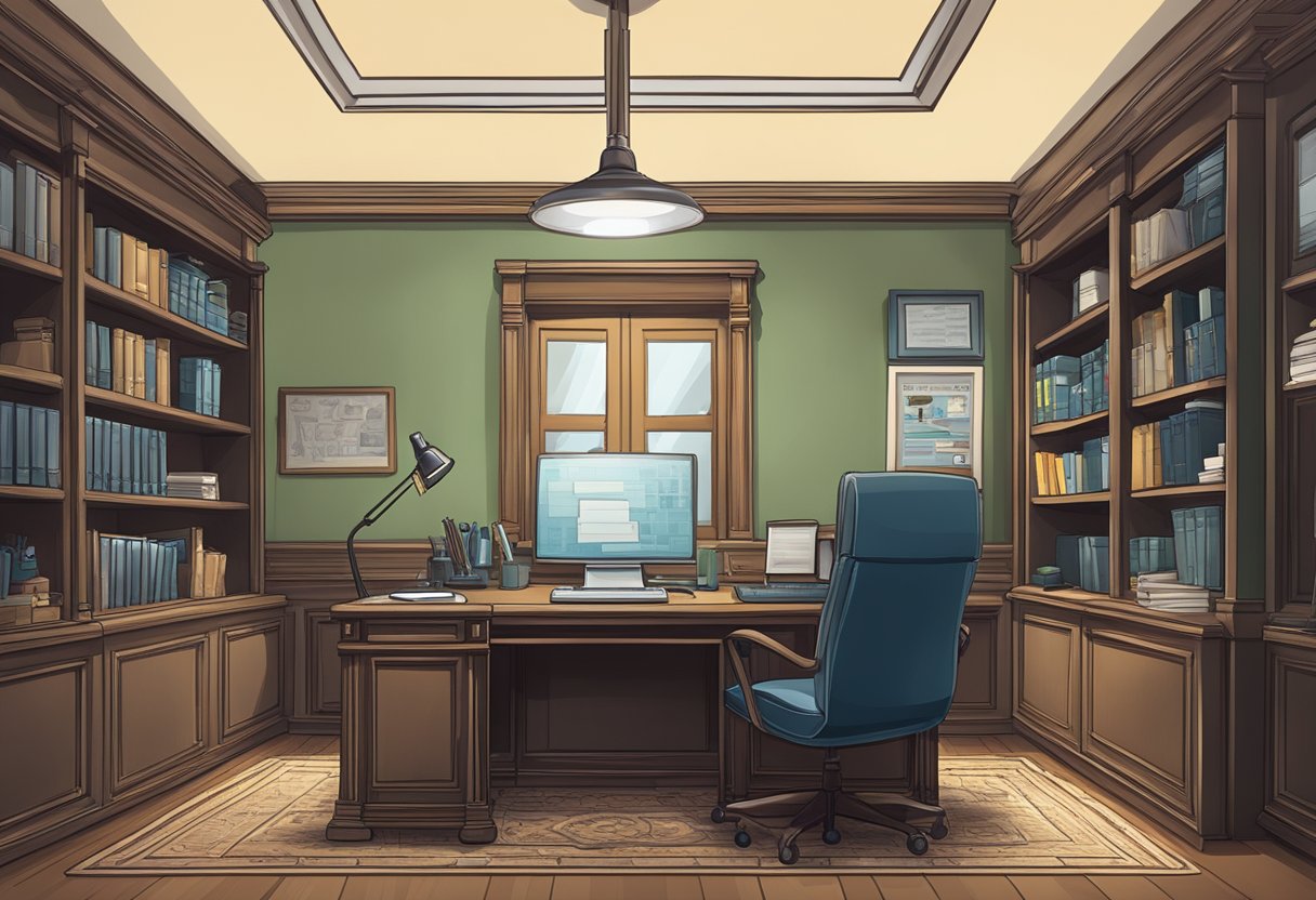 A private investigator's office with a desk, computer, files, and a magnifying glass. A sign on the door reads "Frequently Asked Questions private investigator singapore."