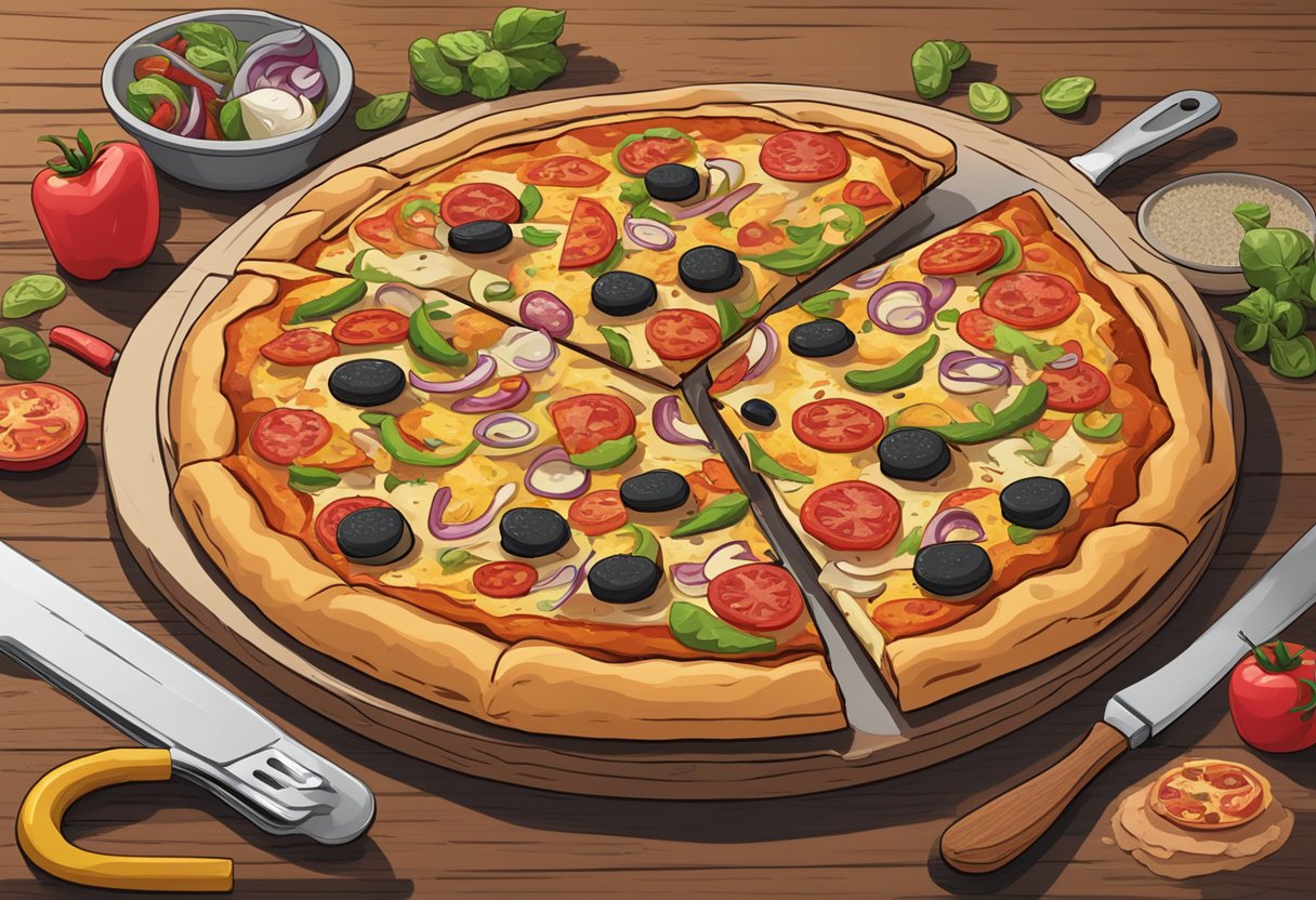 A steaming hot Canadian pizza sits on a wooden table, surrounded by various toppings and a pizza cutter. A sign reading "Frequently Asked Questions" hangs above the pizza