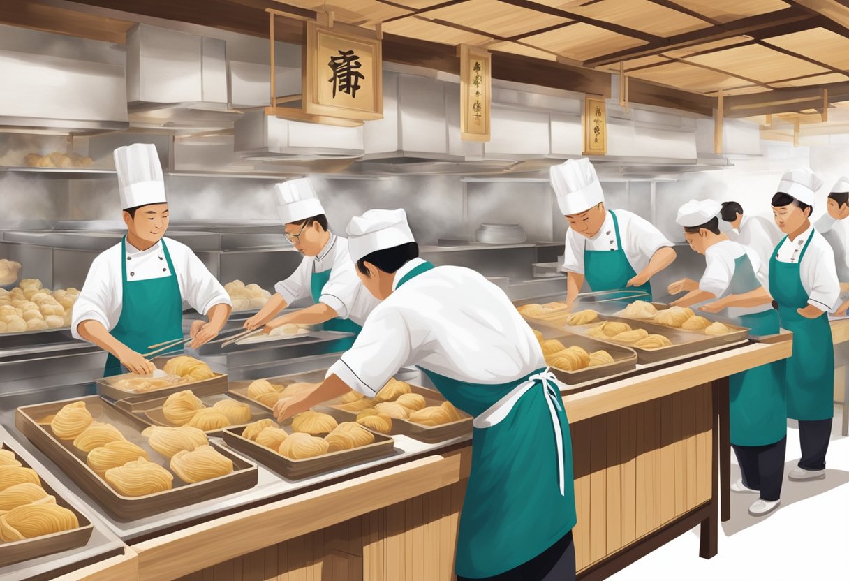 A bustling restaurant with dim sum carts, steaming bamboo baskets, and chefs skillfully folding dumplings at Din Tai Fung, Singapore
