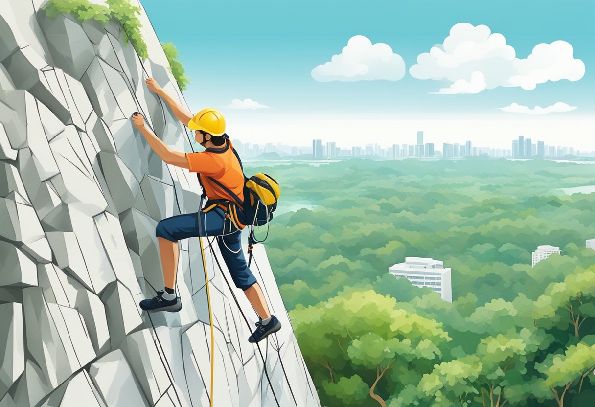 A climber ascends a limestone wall in Singapore, surrounded by lush greenery and a clear blue sky
