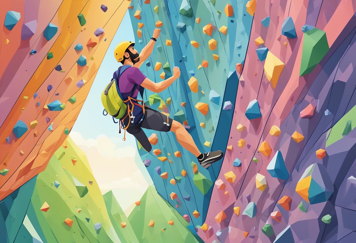 A climber ascends a colorful indoor rock wall at a bustling climbing gym in Singapore. Various routes and holds create an exciting and challenging environment for climbers of all levels