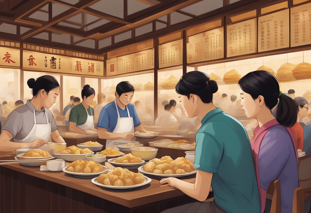 Customers perusing a colorful menu at Din Tai Fung, with steaming baskets of dumplings in the background