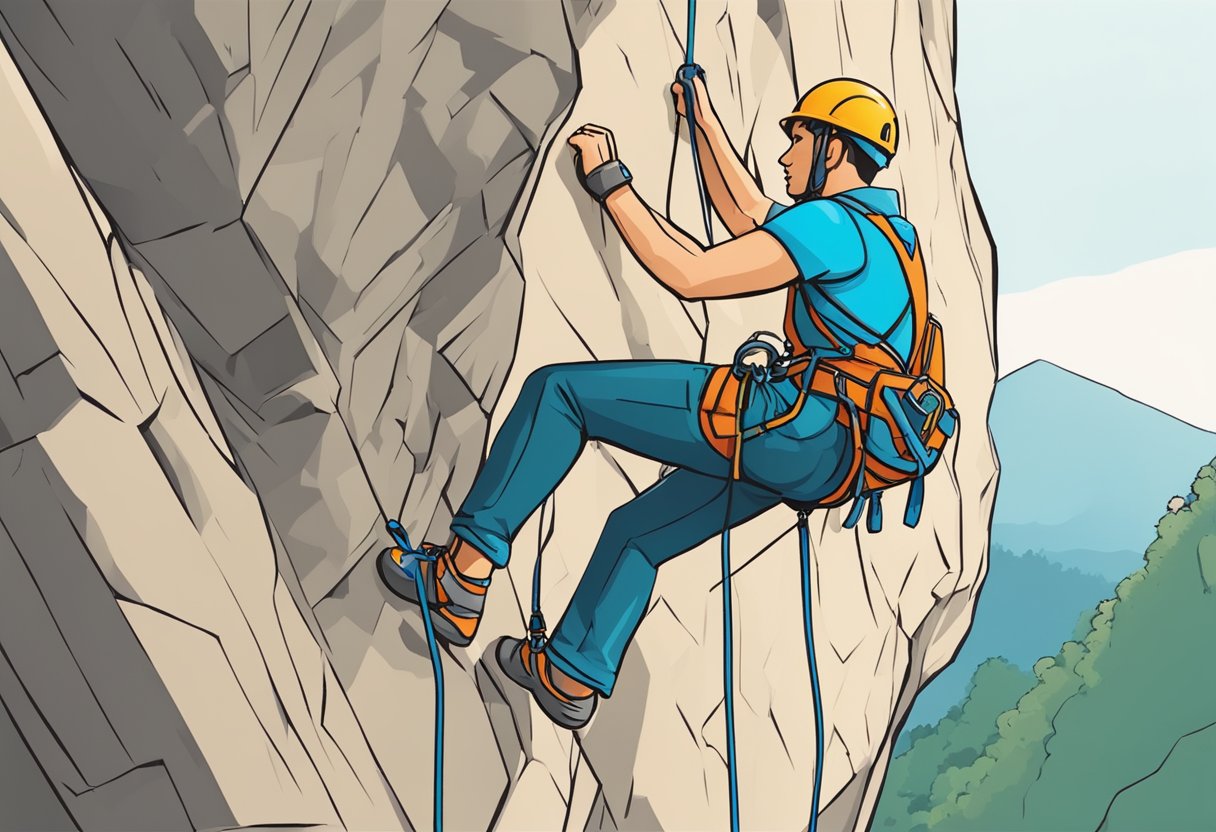 A climber secures a harness to a belay device, tying into a rope before ascending a rocky wall