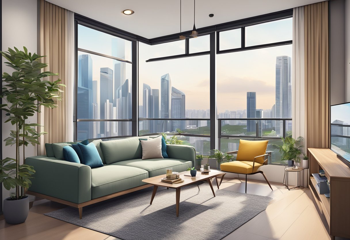 A cozy apartment in Singapore with modern furnishings and a stunning city view