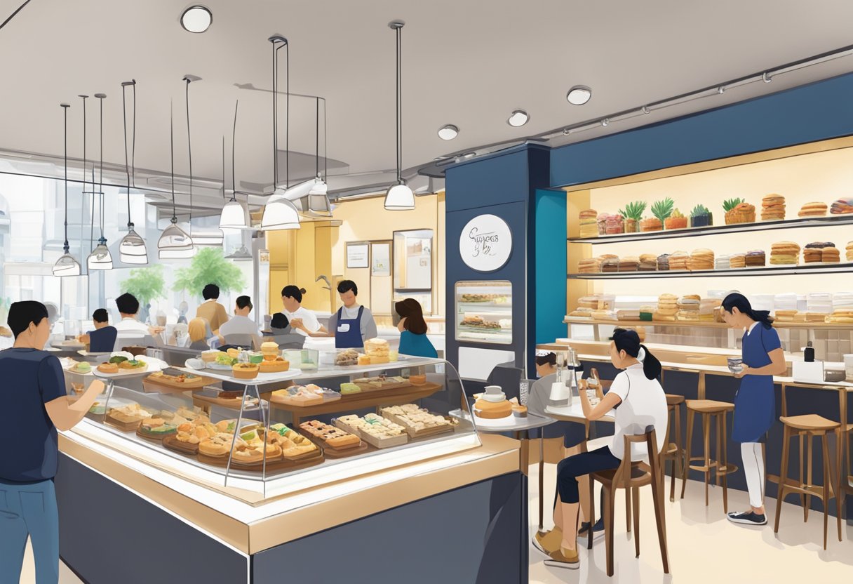 A bustling Paris Baguette cafe in Singapore, with colorful pastries on display and customers enjoying coffee at small tables