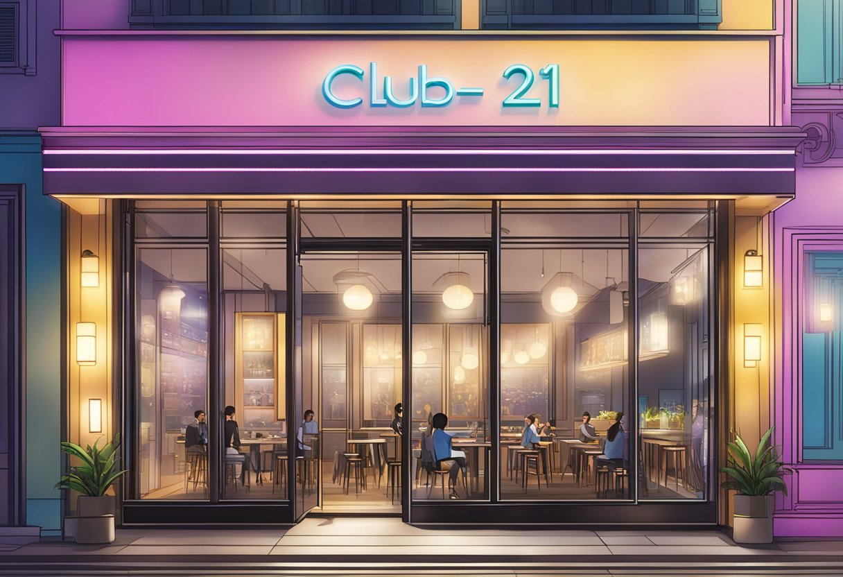 The vibrant lights of Club 21 Singapore illuminate the sleek, modern storefront, drawing in a stylish and cosmopolitan crowd