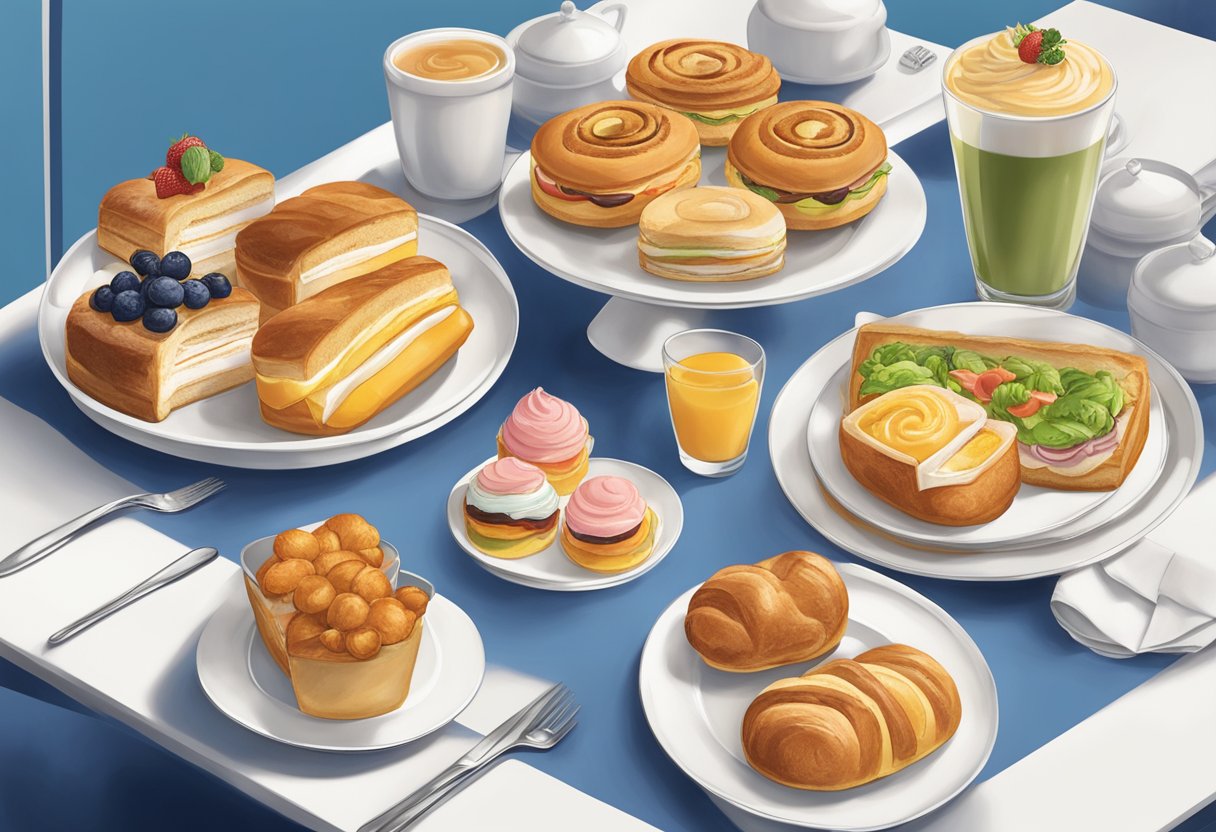 A table adorned with various pastries, sandwiches, and beverages, showcasing the diverse menu offerings of Paris Baguette in Singapore