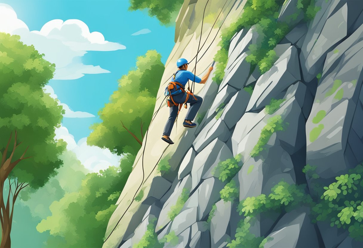 A climber scales a vibrant rock wall in Singapore, surrounded by lush greenery and a clear blue sky