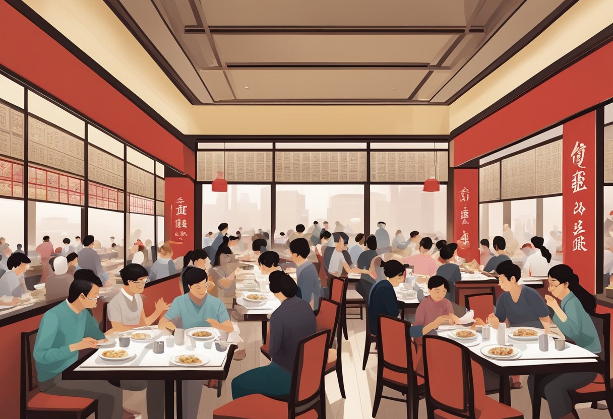 Customers dining at Din Tai Fung, surrounded by bustling waitstaff and the aroma of steaming dumplings