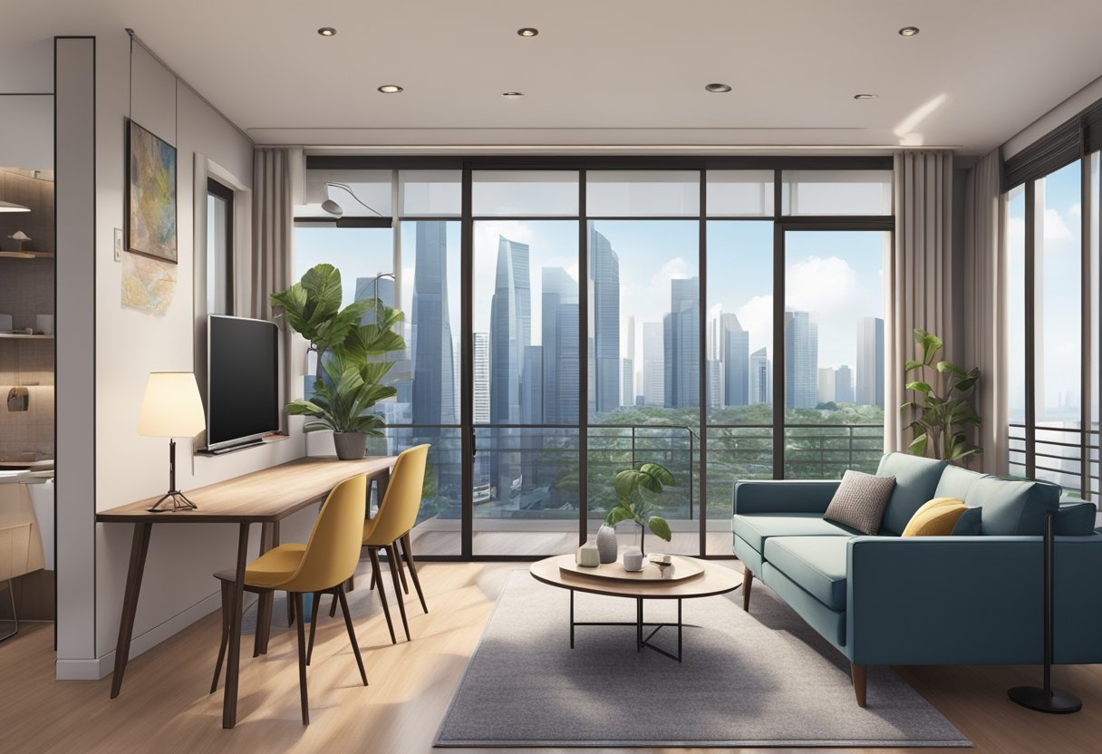 A cozy apartment in Singapore with modern furnishings and a view of the city skyline, located in a bustling neighborhood with easy access to public transportation and popular attractions