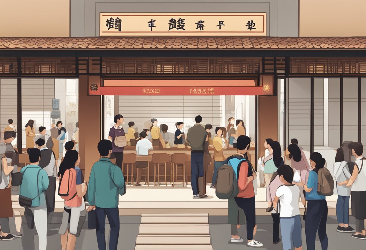 Customers lining up outside Din Tai Fung Singapore, with a sign displaying "Frequently Asked Questions" prominently in the foreground