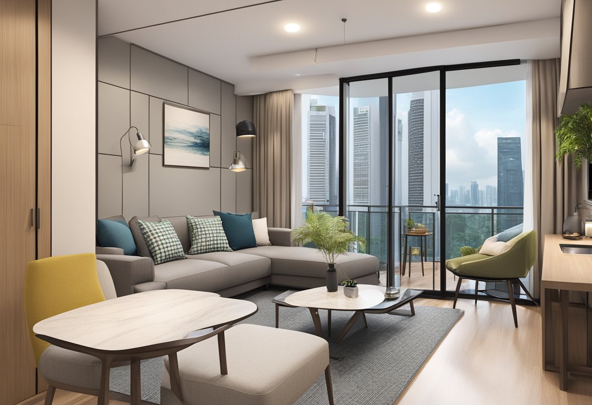 A cozy apartment with modern furnishings and city views, located in the heart of Singapore. Amenities include a fully equipped kitchen, spacious living area, and a comfortable bedroom with a large window