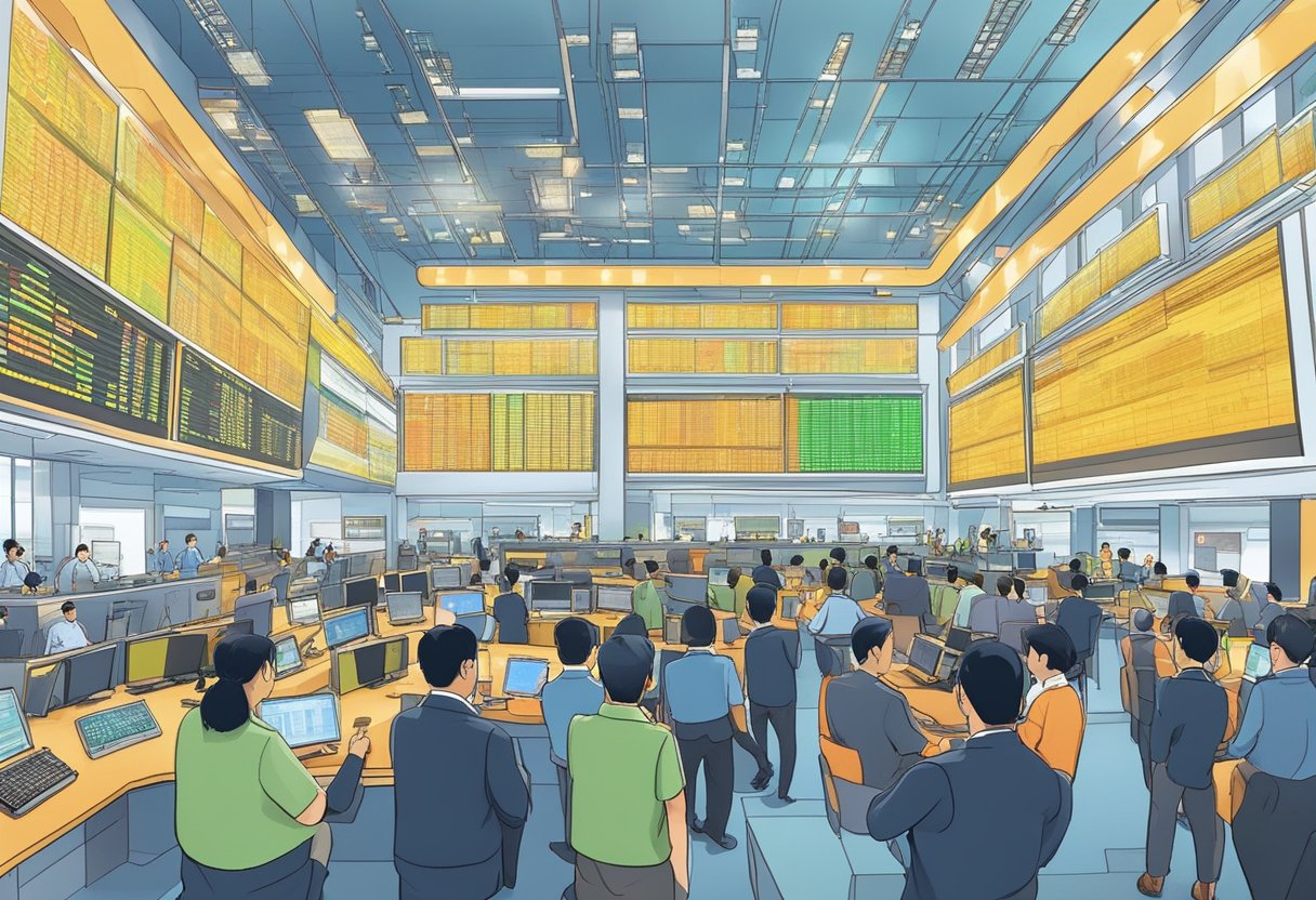 The bustling Singapore Exchange, with traders gesturing and screens flashing stock prices, is a hive of activity and energy
