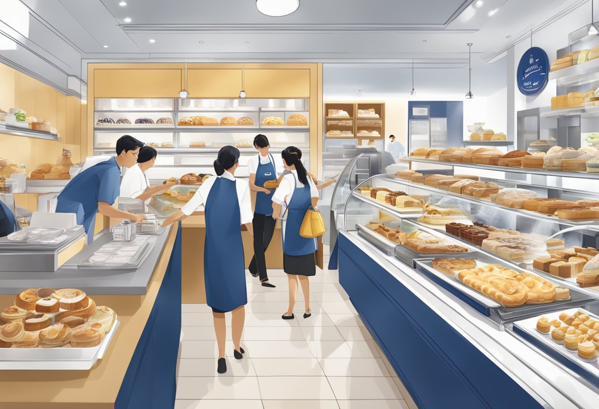 A bustling Paris Baguette store in Singapore, with customers enjoying pastries and coffee while staff prepare fresh bread and cakes