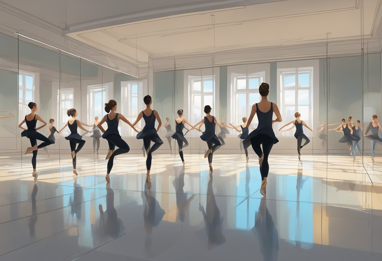 A group of dancers move gracefully in a spacious studio, following the instructor's lead. Mirrors line the walls, reflecting their fluid movements