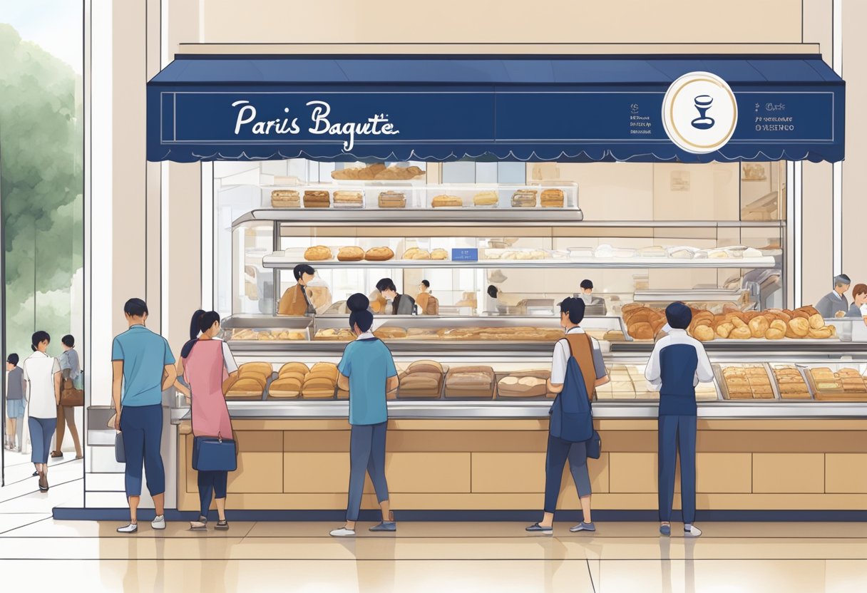 A bustling Paris Baguette store in Singapore, with customers lining up, pastries on display, and staff busy at work