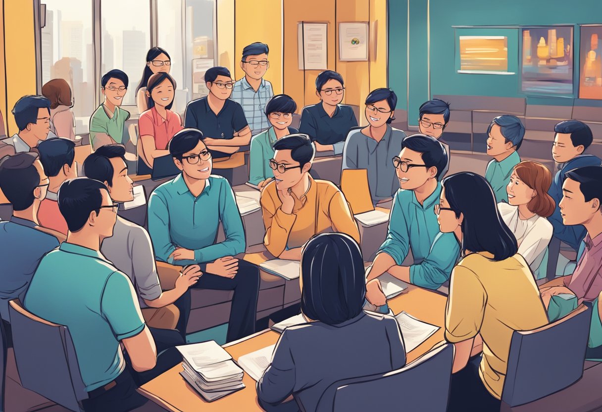 A group of people gather at the FAQ Club in Singapore, engaging in lively discussions and seeking answers to their questions