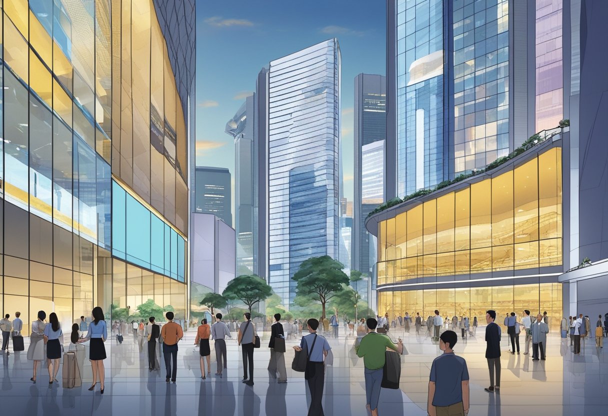 The Singapore Exchange bustles with traders and investors, as digital tickers display stock prices and financial data. The modern architecture of the building contrasts with the traditional elements of the surrounding cityscape
