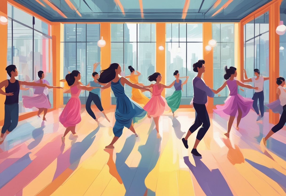 People joyfully dance in a vibrant studio in Singapore, surrounded by mirrors and barres. The room is filled with energy and movement